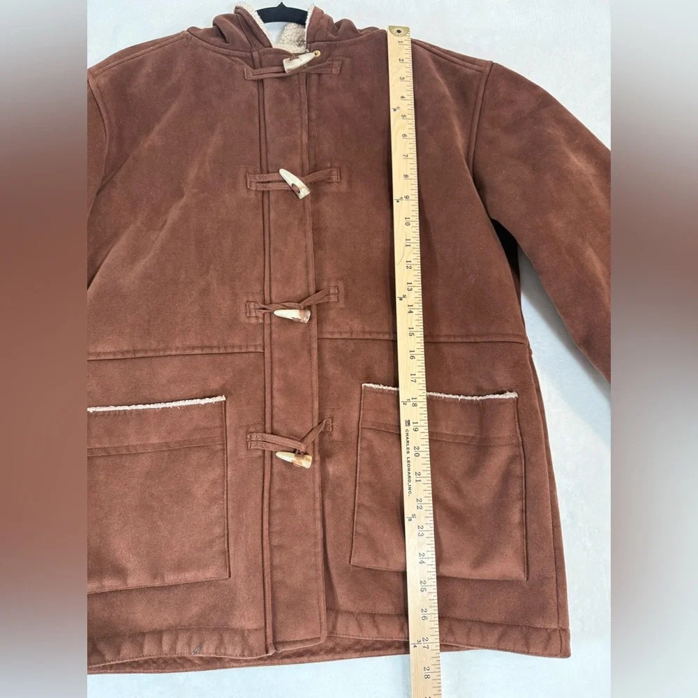 Ralph Lauren Duffle Coat Petite Medium Brown Faux Suede Sherpa Lined Hood Toggl